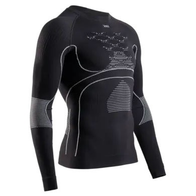 Schwarz gestricktes Funktionsunterhemd mit langen Ärmeln und weißen Akzenten, das die X-Bionic AirComPlex-Zone und das 3D Bionic Sphere System zur Wärmeregulierung darstellt.