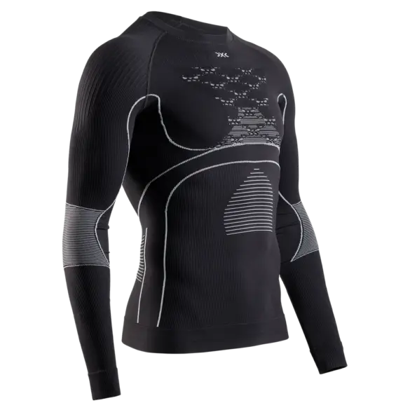 Schwarz gestricktes Funktionsunterhemd mit langen Ärmeln und weißen Akzenten, das die X-Bionic AirComPlex-Zone und das 3D Bionic Sphere System zur Wärmeregulierung darstellt.