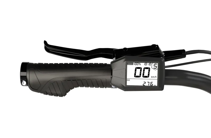 Display und Lenkergriff eines E-Bikes mit angezeigter Geschwindigkeit von 00 km/h und 27.6 km Reichweite.