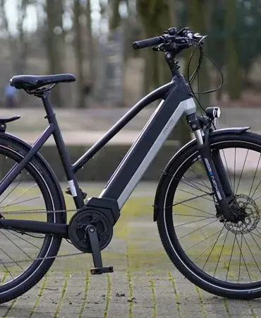 Schwarz-graues Prophete Entdecker 5.0 E-Trekkingrad mit mittig angebrachtem Akku und Gepäckträger, abgestellt auf einem gepflasterten Weg zwischen Bäumen.
