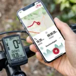 Ein Mann hält ein Smartphone mit der Sigma EOX App, das eine Fahrradroute und Fahrdaten anzeigt, neben einem Sigma EOX VIEW 1300 E-Bike Display, das am Lenker eines Fahrrads montiert ist.
