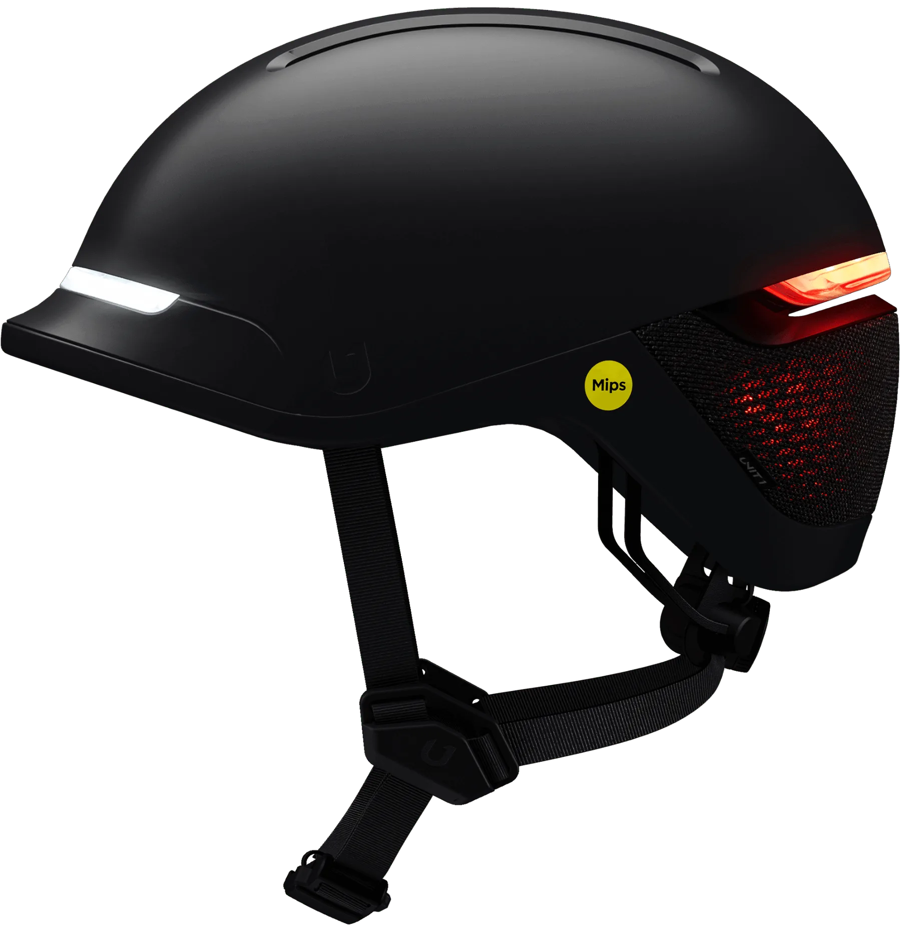 Seitenansicht eines schwarzen urbanen Fahrradhelms mit integriertem Frontlicht (weiß) und Rücklicht (rot), sowie Mips-Logo.