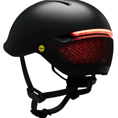 Seitenansicht eines schwarzen FARO Mips Fahrradhelms mit aktivierter roter Rückleuchten- und Bremslichtfunktion.