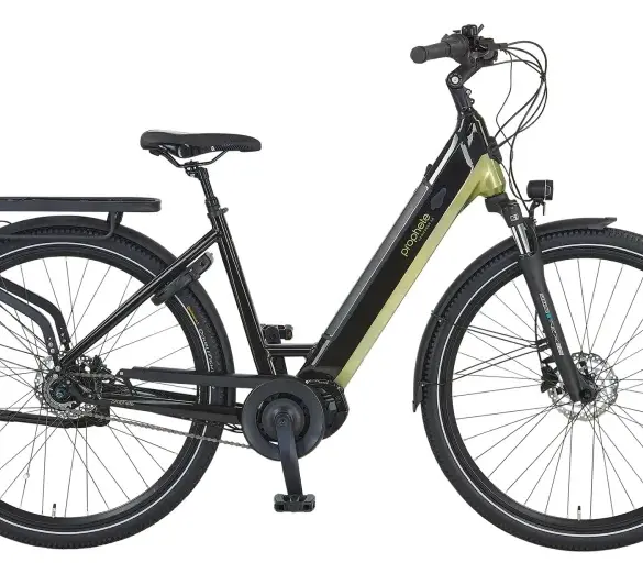Schwarz-grünes Prophete Geniesser 5.0 E-Bike mit Gepäckträger, Federgabel und Mittelmotor.