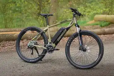 Ein olivgrünes E-Mountainbike der Marke "Graveler" steht seitlich auf einem Feldweg. Das Fahrrad hat breite Reifen, eine Federgabel und eine Batterie im Unterrohr.