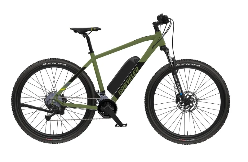 Seitenansicht des E-Mountainbikes Graveler mit 27,5 Zoll Rädern und matter olivgrüner Rahmenfarbe.