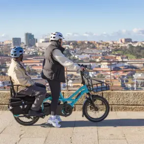 Ein blaues Tern GSD P00 E-Lastenrad fährt auf einer gepflasterten Straße. Eine Person fährt, eine andere sitzt auf einem Kindersitz im hinteren Bereich des Rads. Im Hintergrund ist eine Stadt mit Gebäuden und Hügeln zu sehen.