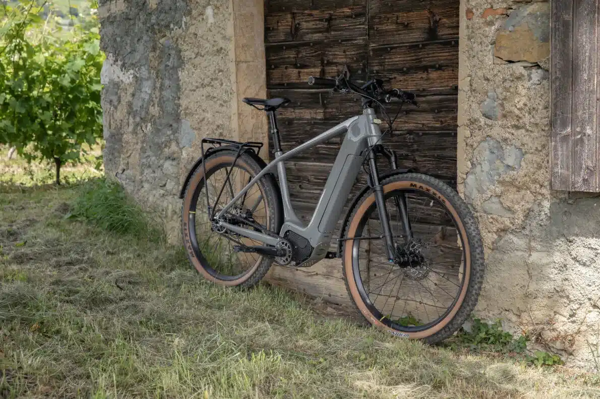 Graues E-Bike mit breiten Reifen und Gepäckträger, abgestellt neben einer alten Holztür an einer Steinfassade.