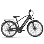 Seitenansicht eines schwarzen Jasion EB5 Roamer E-Bikes mit Gepäckträger und Scheinwerfern.