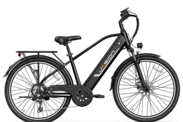 Seitenansicht eines schwarzen Jasion EB5 Roamer E-Bikes mit Gepäckträger und Scheinwerfern.