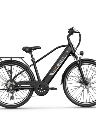Seitenansicht eines schwarzen Jasion EB5 Roamer E-Bikes mit Gepäckträger und Scheinwerfern.