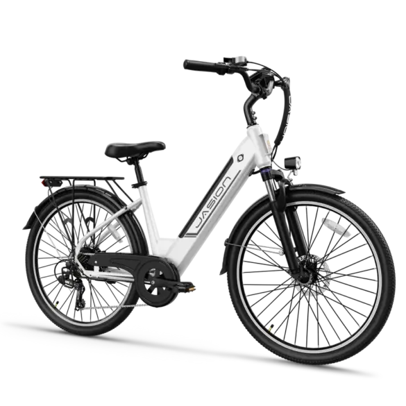 Eine weiße Jasion EB5 Roamer ST Elektrofahrrad mit Gepäckträger und Federgabel, isoliert auf schwarzem Hintergrund.