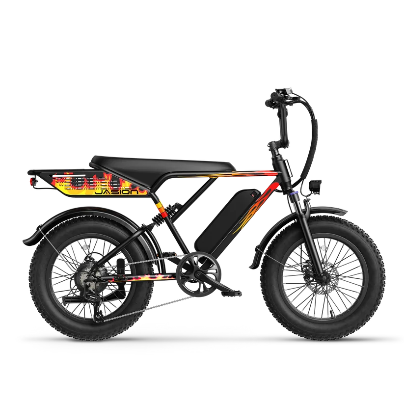 Seitenansicht des Jasion RetroVolt EB5 Roamer E-Bikes mit breiten Reifen, schwarzem Rahmen mit Flammen-Design und batterie.