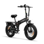 Ein schwarzes Jasion X-Hunter E-Bike, frontal leicht seitlich aufgenommen, mit breiten Reifen, integriertem Gepäckträger und klappbarem Rahmen.