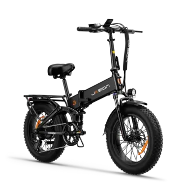 Ein schwarzes Jasion X-Hunter E-Bike, frontal leicht seitlich aufgenommen, mit breiten Reifen, integriertem Gepäckträger und klappbarem Rahmen.