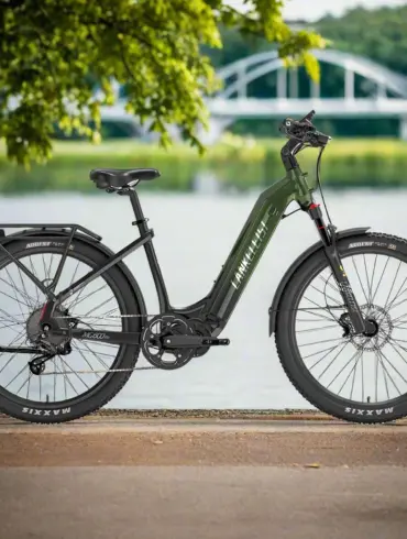 Grünes Lankeleisi MG600 Lite E-Trekkingbike mit breiten Reifen und Gepäckträger steht am Ufer, im Hintergrund ein Fluss und eine Brücke.