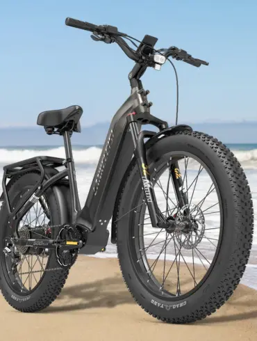 Das Lankeleisi MG600 Plus E-Fatbike steht auf Sand am Strand mit dem Meer im Hintergrund.