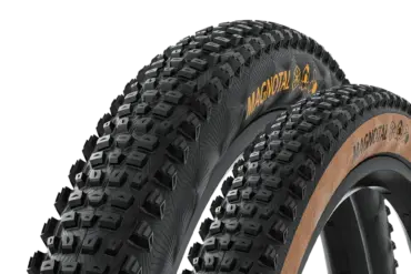 Nahaufnahme von zwei Continental Magnotal Mountainbike-Reifen, ein Reifen mit brauner Seitenwand ist im Vordergrund, dahinter ein Reifen mit schwarzer Seitenwand.