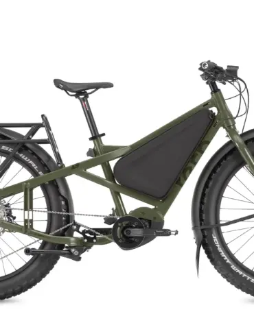 Seitenansicht eines grünen Tern Orox S12 E-Cargo-Bikes mit breiten Reifen und Gepäckträgern vor weißem Hintergrund.