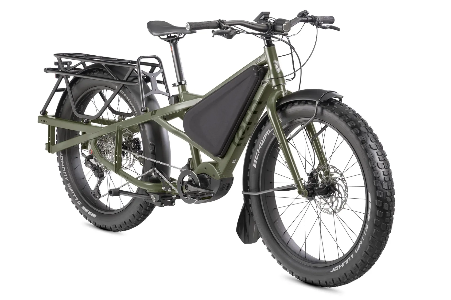 Grünes Orox S12 E-Cargo-Fahrrad mit breiten Reifen und Gepäckträger, freigestellt vor weißem Hintergrund.