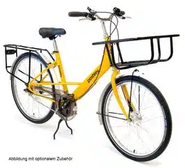 Gelbes Pashley Pronto Fahrrad mit tiefem Durchstieg, ausgestattet mit einem großen Frontkorb, einem Gepäckträger hinten und einem stabilen Seitenständer.