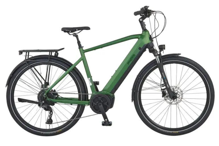 Seitenansicht eines Prophete Entdecker 4.9 Trekking E-Bikes in Grün, mit Fokus auf den Rahmen, die Reifen und den Gepäckträger.