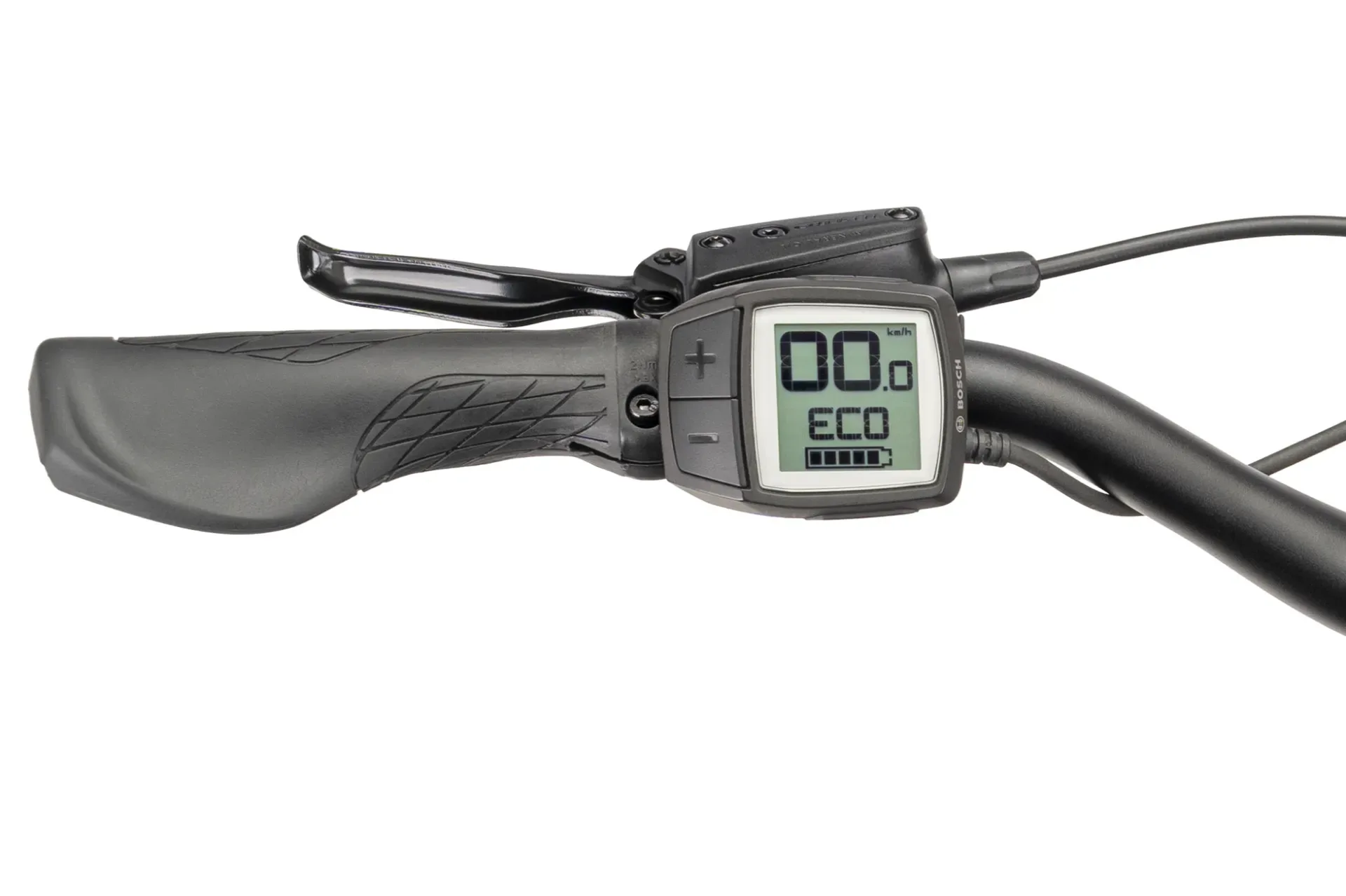 Nahaufnahme des Bosch Purion Displays, das Geschwindigkeit, Unterstützungsmodus (ECO) und Akkustand anzeigt, sowie des linken Lenkergriffs und Bremshebels eines Tern Quick Haul Long D9 Lastenrads.