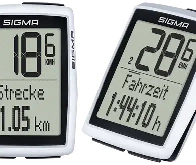 Zwei weiße SIGMA BC 12.0 WL Fahrradcomputer mit großen Displays, die Fahrinformationen wie Geschwindigkeit, Strecke und Fahrzeit anzeigen.