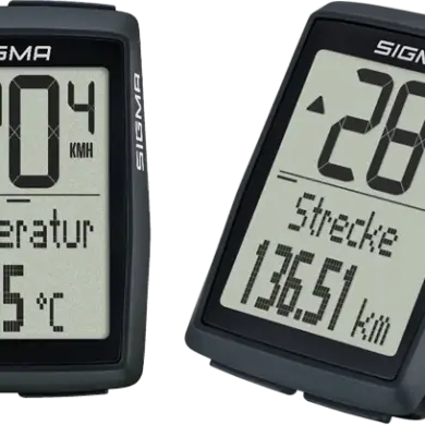Zwei SIGMA BC 14.0 WR Fahrradcomputer, nebeneinander positioniert. Der linke zeigt 20.4 km/h und die Temperatur 23.5 °C. Der rechte zeigt 28.4 km/h und eine Strecke von 136.51 km.