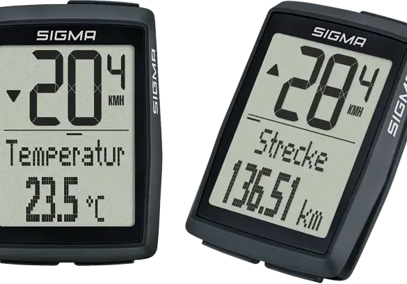 Zwei SIGMA BC 14.0 WR Fahrradcomputer, nebeneinander positioniert. Der linke zeigt 20.4 km/h und die Temperatur 23.5 °C. Der rechte zeigt 28.4 km/h und eine Strecke von 136.51 km.