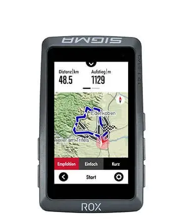 Fahrradcomputer SIGMA ROX 12.1 EVO zeigt auf seinem Display eine Navigationsroute auf einer Karte mit Höhenprofil und Daten zur Distanz und zum Aufstieg.