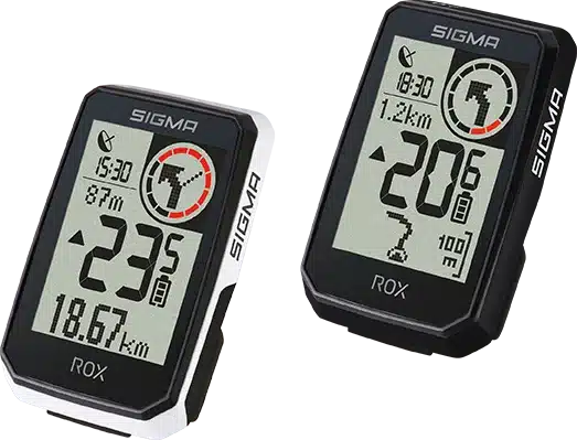 Zwei Sigma ROX 2.0 ENDURANCE Fahrradcomputer nebeneinander, mit verschiedenen Anzeigen auf den Displays.