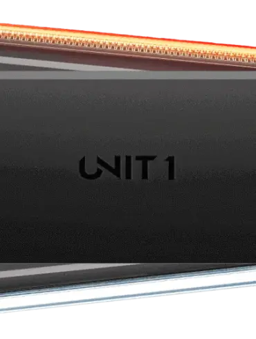 Ein schwarzes UNIT 1 Smart Light Fahrradlicht, das vorne und hinten montiert werden kann, mit integriertem Blinklicht.