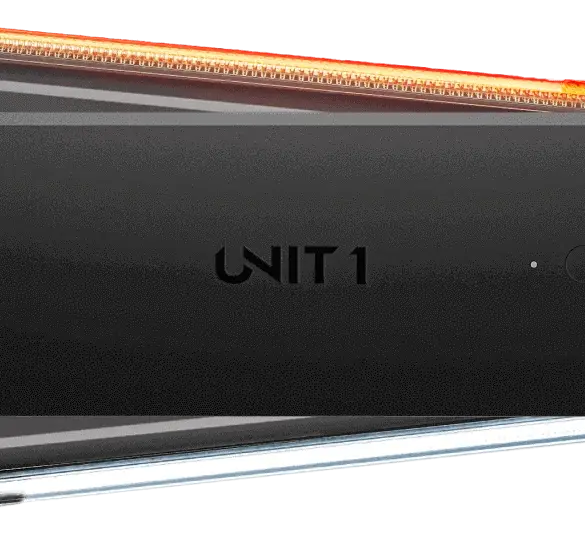Ein schwarzes UNIT 1 Smart Light Fahrradlicht, das vorne und hinten montiert werden kann, mit integriertem Blinklicht.