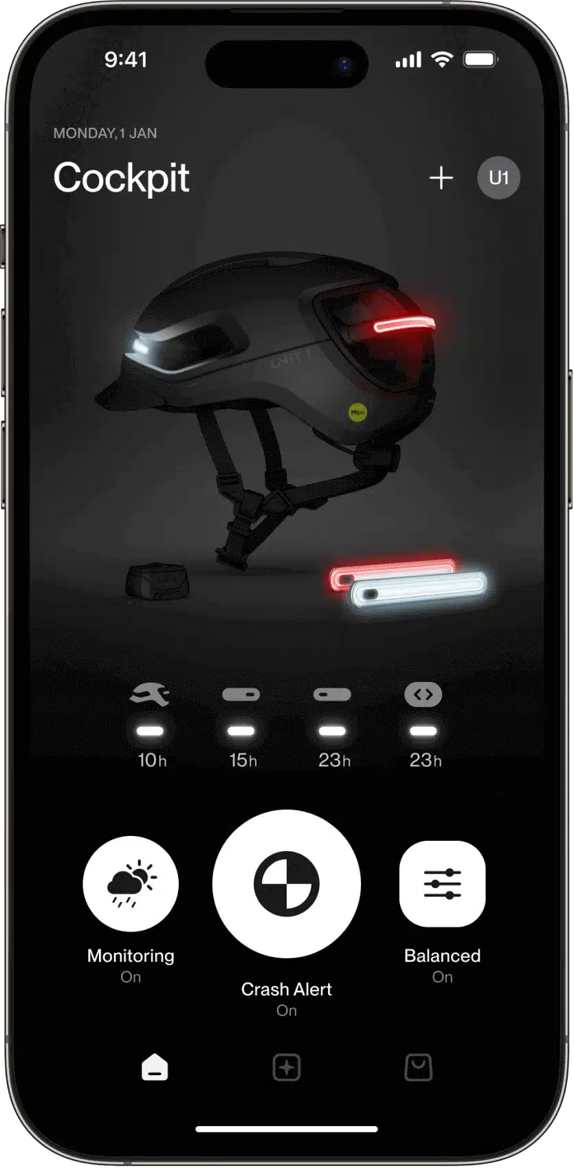 Smartphone-Display zeigt die UNIT 1 App mit einem Bild eines Fahrradhelms mit integrierten LED-Leuchten vorne und hinten.