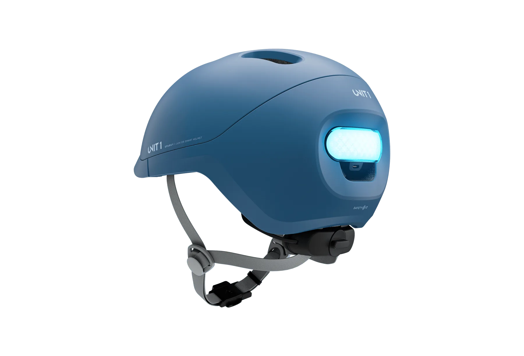 Ein blauer Sparky Junior Kinder-Smart-Helm mit eingeschaltetem, hellem Frontlicht.