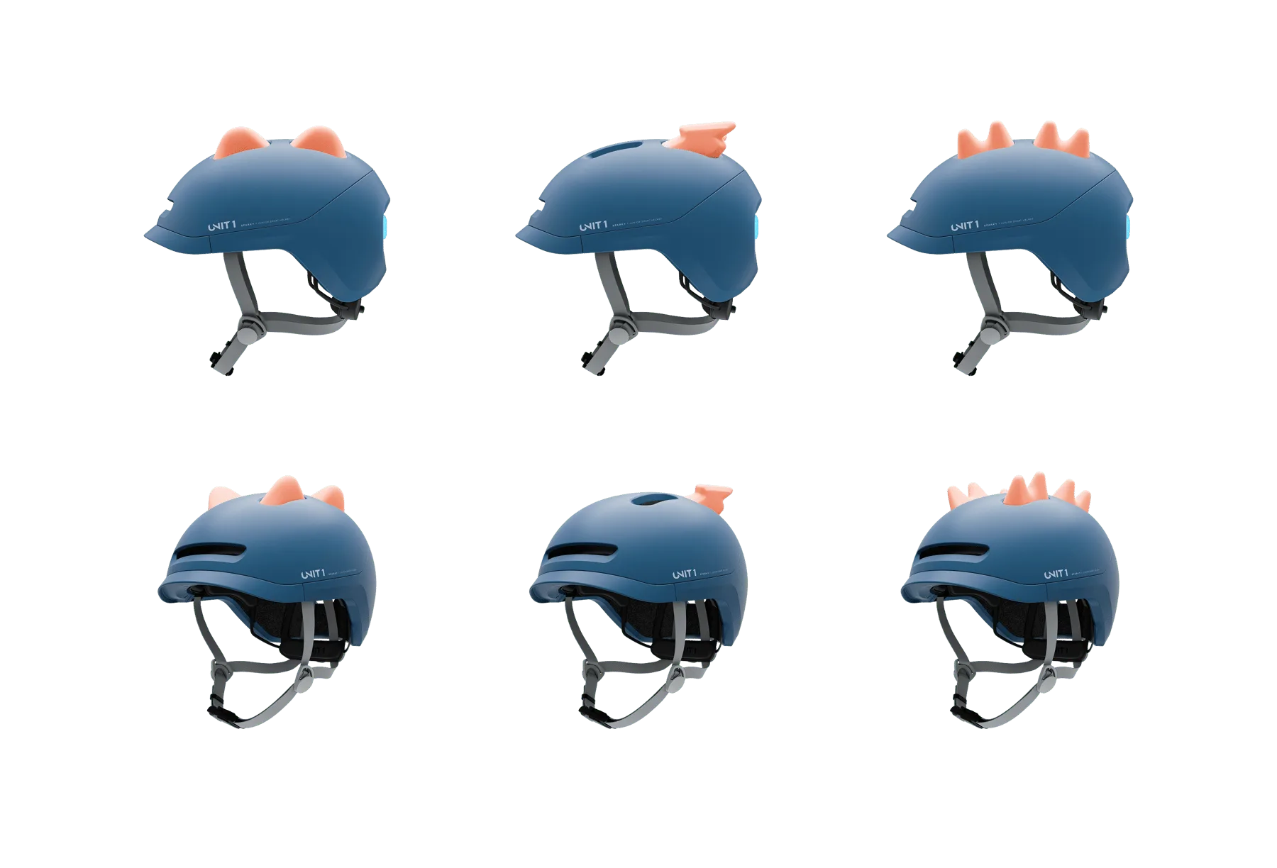 Sechs Ansichten des blauen Sparky Junior Kinder-Smart-Helms mit orangen dinosaurierähnlichen Applikationen, die die Personalisierungsoptionen zeigen.