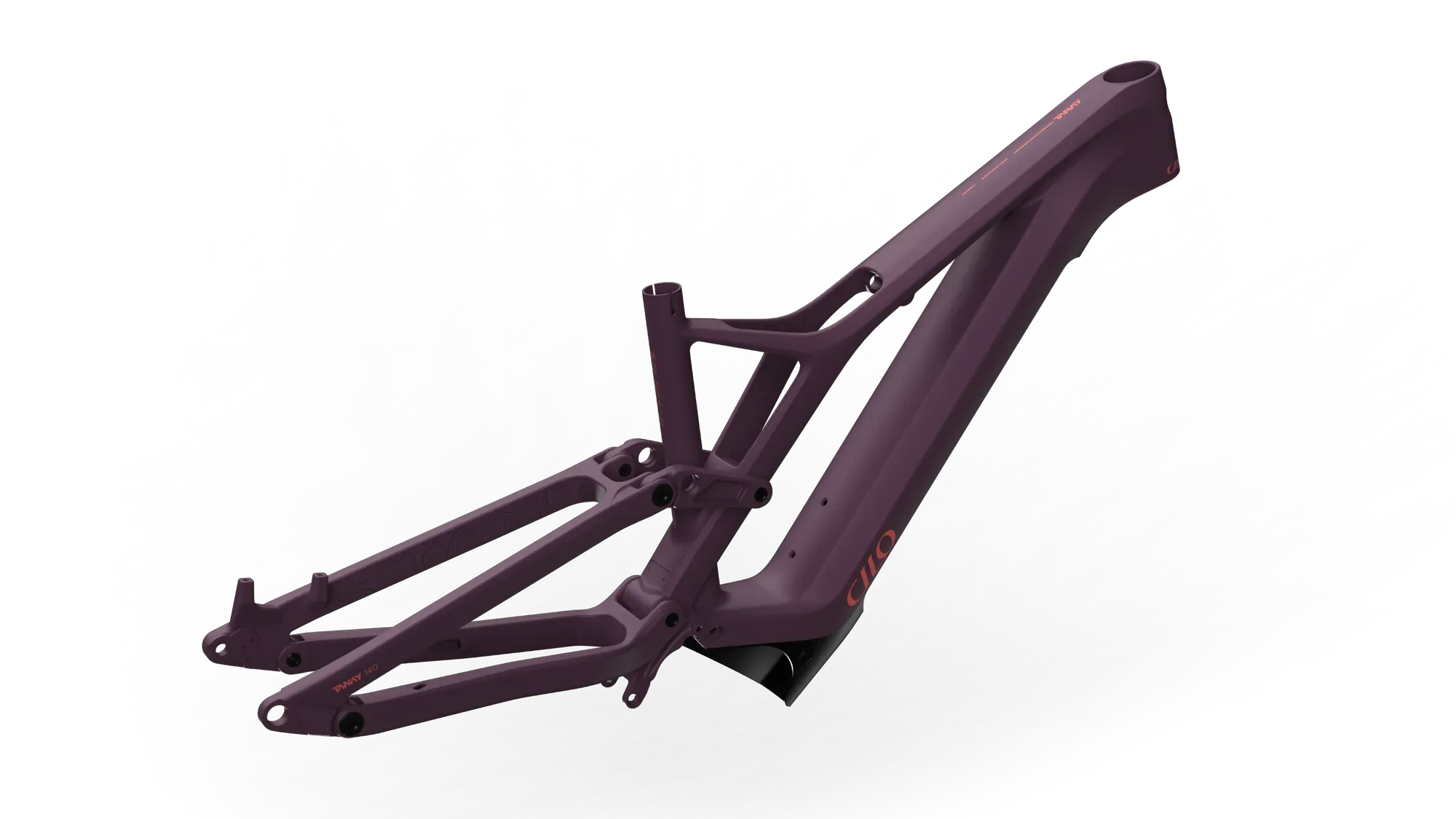 Detailaufnahme des Rahmens eines Cilo Tanay HC E-Mountainbikes, gefertigt aus Carbon, in der Farbe matten Lila. Der Rahmen ist für ein Full-Assist E-MTB konzipiert und zeigt die typische Geometrie mit integriertem Akkubereich.