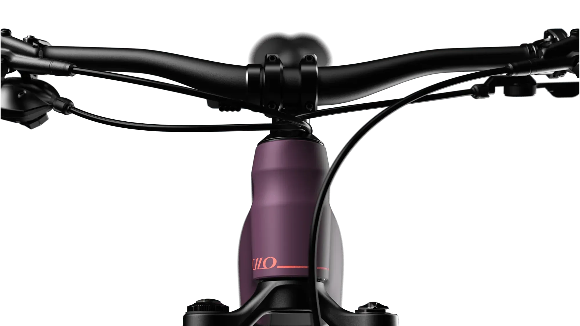 Detailaufnahme des Lenkers und Vorbaus eines lila Farbigen E-Mountainbikes der Marke CILO, mit Fokus auf die Anordnung von Bremshebeln und Schläuchen.