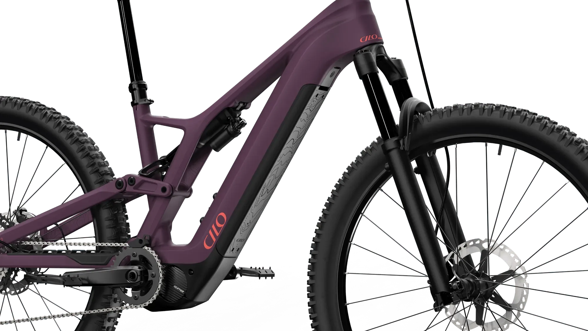 Detailaufnahme des Rahmens eines lila Cilo Tanay HC E-Mountainbikes, gezeigt von der Seite, mit Sicht auf die Federung, den Shimano EP801 Motor und die interne Kabelführung.