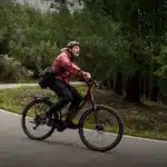 Mann mit Helm und Umhängetasche fährt ein dunkelrotes TENWAYS Ago Air E-Bike auf einer Kurve einer asphaltierten Straße durch einen Wald mit hohen Bäumen.