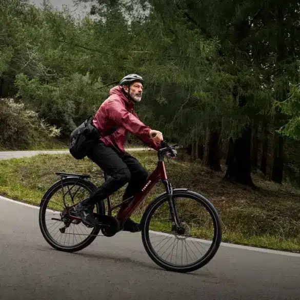 Mann mit Helm und Umhängetasche fährt ein dunkelrotes TENWAYS Ago Air E-Bike auf einer Kurve einer asphaltierten Straße durch einen Wald mit hohen Bäumen.
