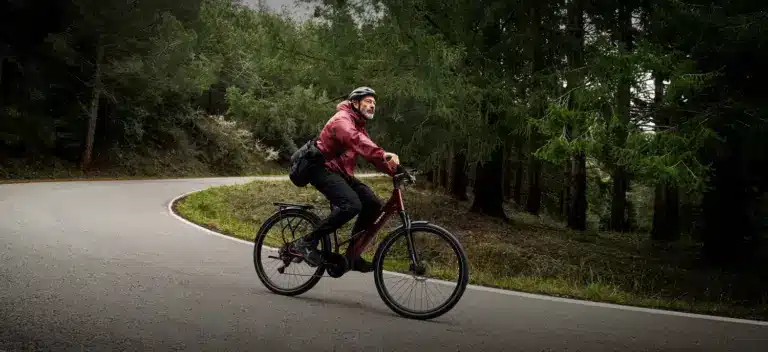 Mann mit Helm und Umhängetasche fährt ein dunkelrotes TENWAYS Ago Air E-Bike auf einer Kurve einer asphaltierten Straße durch einen Wald mit hohen Bäumen.