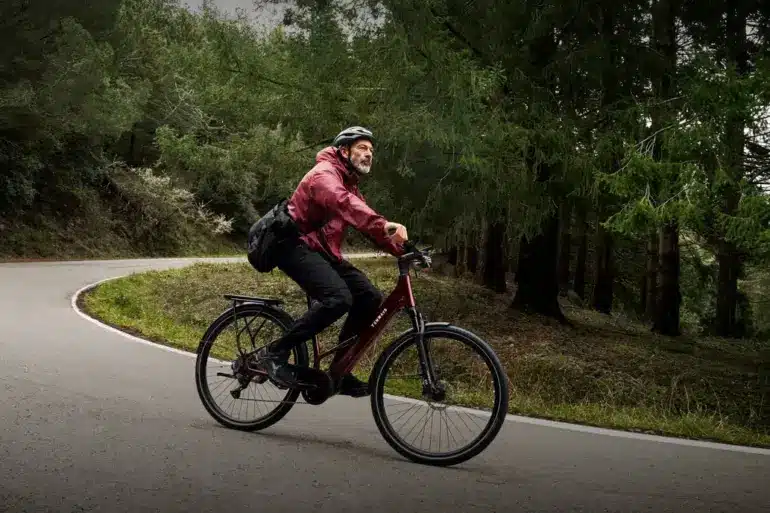 Mann mit Helm und Umhängetasche fährt ein dunkelrotes TENWAYS Ago Air E-Bike auf einer Kurve einer asphaltierten Straße durch einen Wald mit hohen Bäumen.