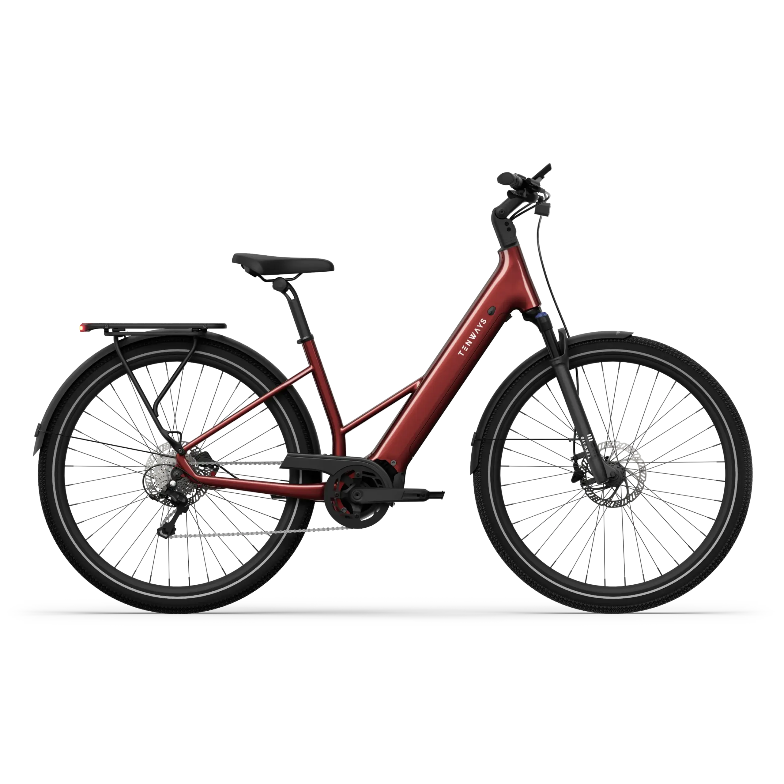 Ein rotes TENWAYS Ago Air E-Bike mit auffälligem Rahmen, mittigem Motor, Federgabel und Gepäckträger, ideal für Alltag und Touren.