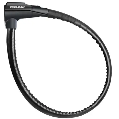 Schwarzes Trelock PK 460 Panzerkabelschloss, auf weißem Hintergrund isoliert.