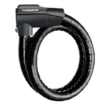 Schwarzlackiertes Trelock PK 560 100-26 Panzerkabelschloss im Kreis geformt, mit dem Trelock-Logo auf dem Schlosskopf.