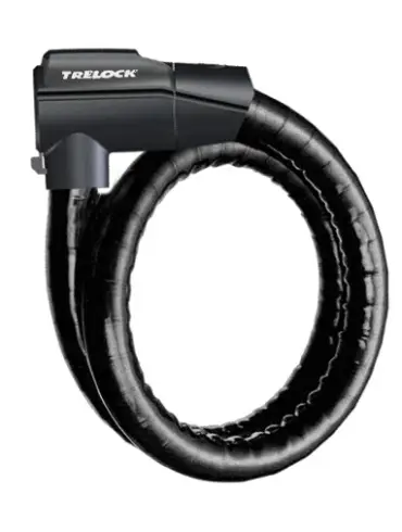 Schwarzlackiertes Trelock PK 560 100-26 Panzerkabelschloss im Kreis geformt, mit dem Trelock-Logo auf dem Schlosskopf.