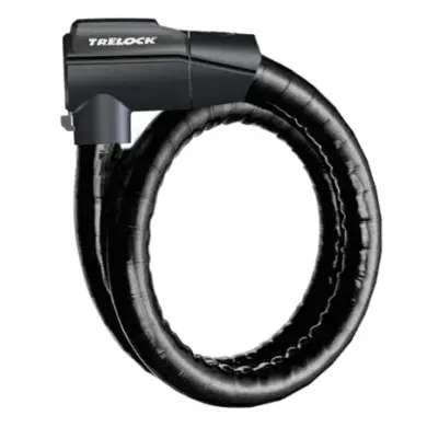 Schwarzlackiertes Trelock PK 560 100-26 Panzerkabelschloss im Kreis geformt, mit dem Trelock-Logo auf dem Schlosskopf.