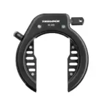 Schwarz lackiertes Trelock RS 300 NAZ Rahmenschloss mit integriertem Schlüssel und Befestigungspunkten.